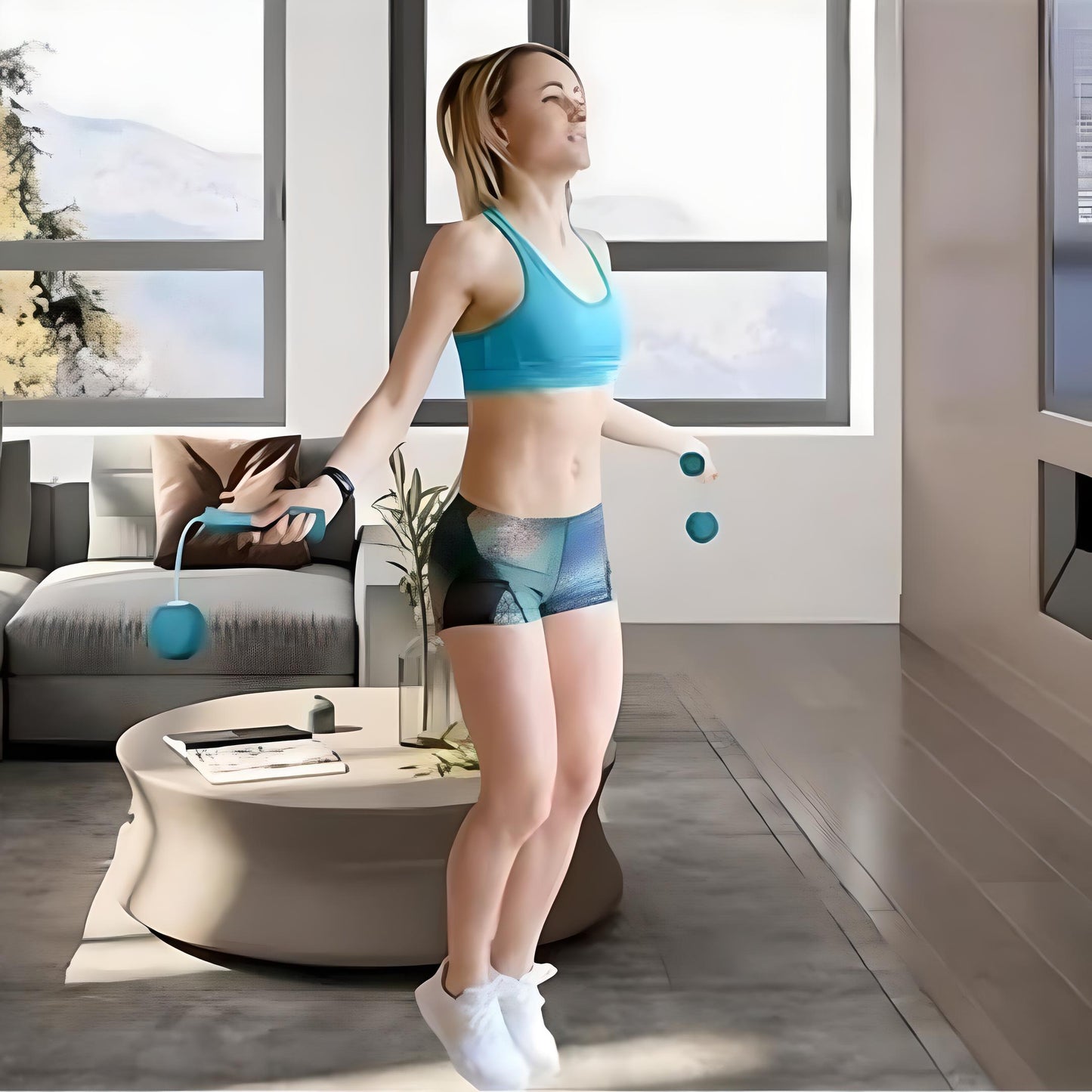 femme saute corde a sauter sans fil dans salon